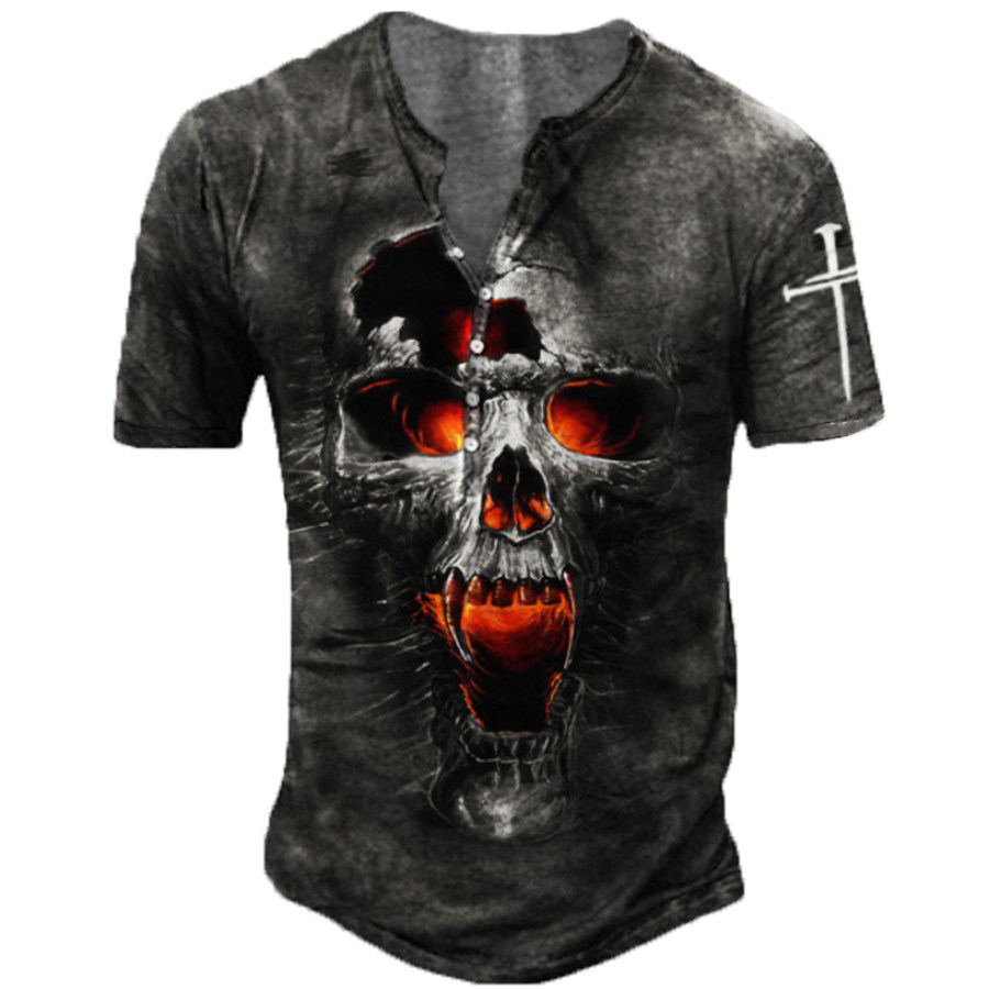 

Men's Outdoor Vintage Skull Print Henley T-Shirt