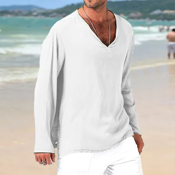 Men's Linen V-Neck Casual Loose Breathable Top Shirt - Fineyoyo.com 