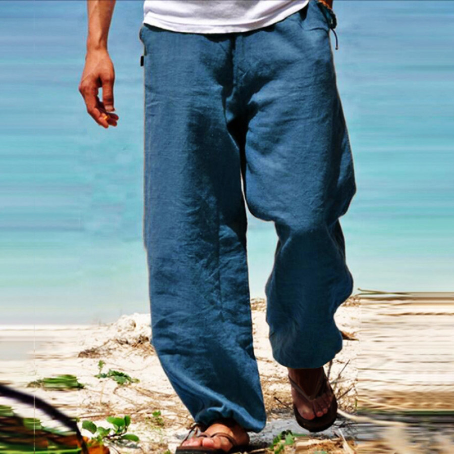 

Мужские льняные повседневные брюки с эластичной резинкой на талии и дышащей эластичной резинкой для ног