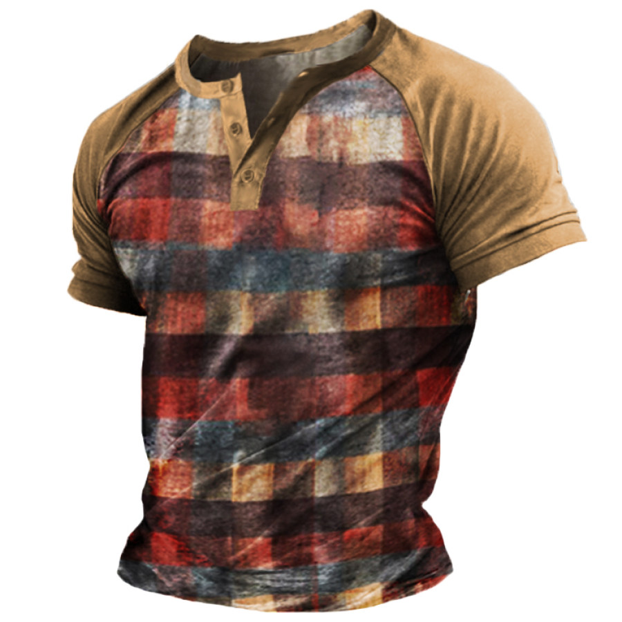 

Men's Vintage Check Panel Henley Leader T-Shirt