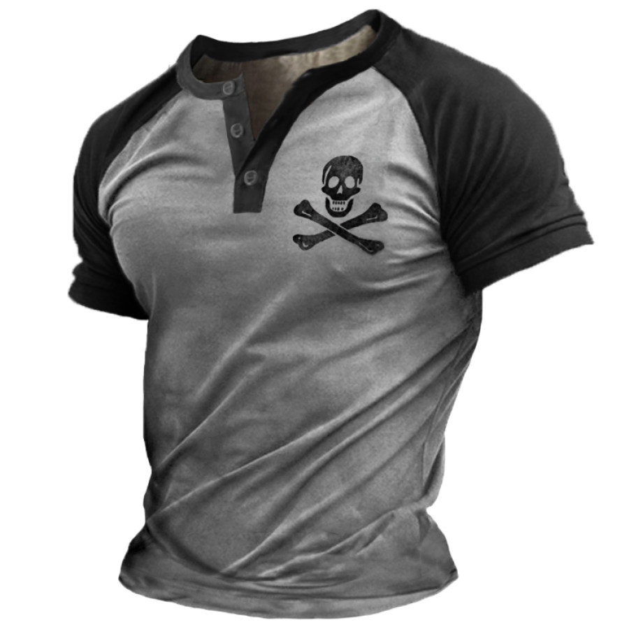 

Men's Outdoor Stitching Skull Print Henry T-shirt