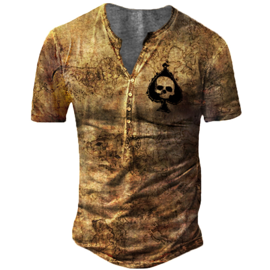 

Men's Tactical Outdoor Old World Map Skull Henry T-Shirt