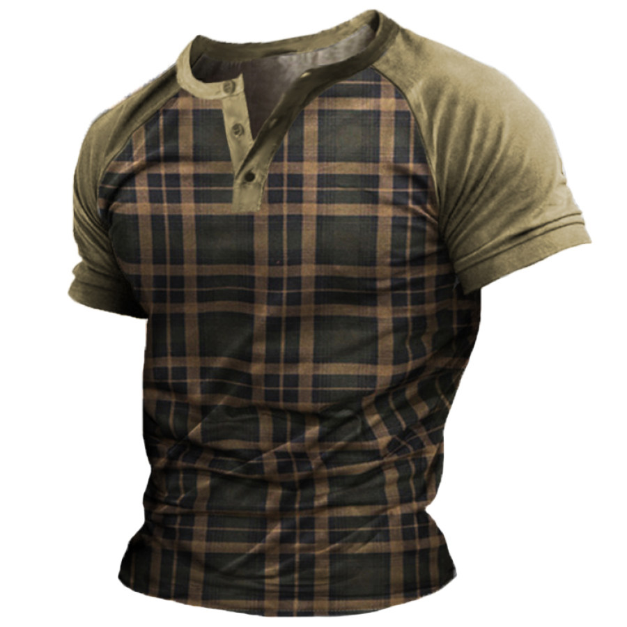 

Men's Vintage Check Panel Henley Leader T-Shirt