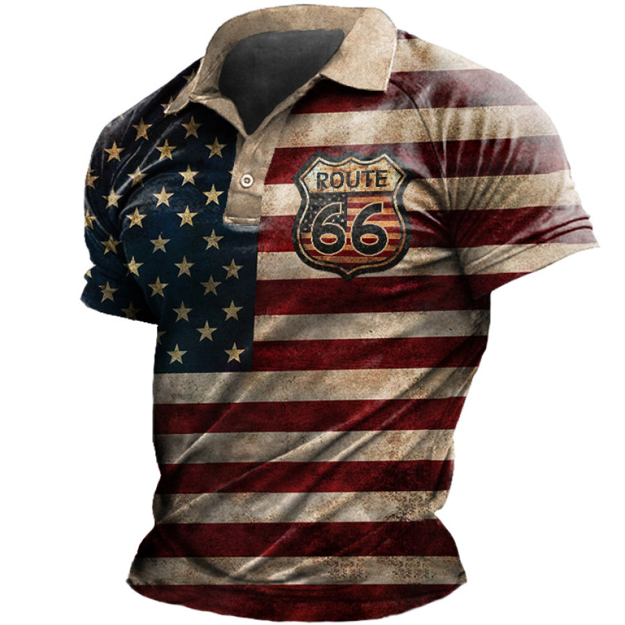 

Men's Outdoor Vintage American Flag Route 66 Print Polo Tee