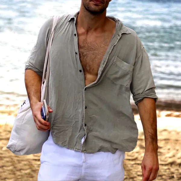 Men's Lapel Pocket Cotton Linen Blend Shirt - Mosaicnew.com 