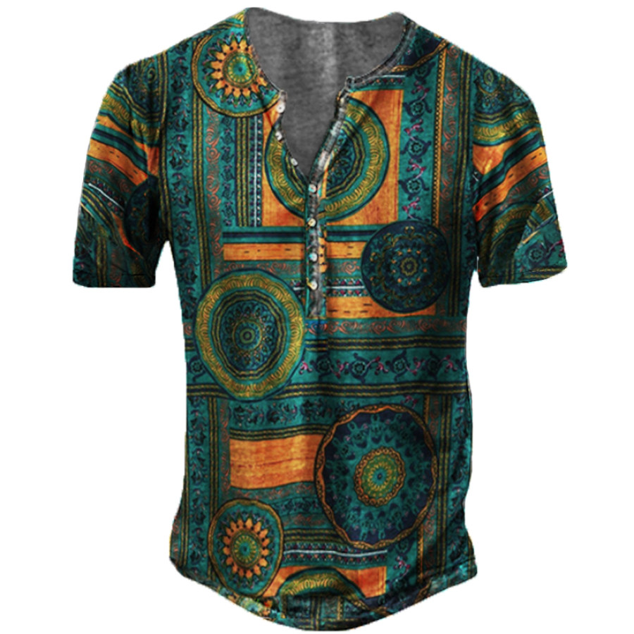 

Bohemia Mens Vintage Ethnic Style Floral Print Henry T-shirt