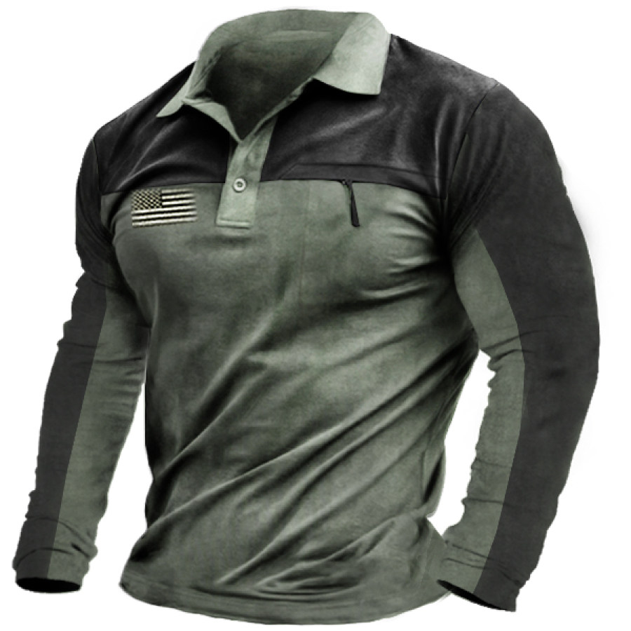 

Men's Outdoor Tactical Patchwork Zip Pocket Polo Long Sleeves Top