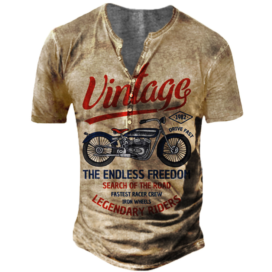 

Men's Vintage Motorcycle Racing Print Short Sleeve Henry T-Shirt