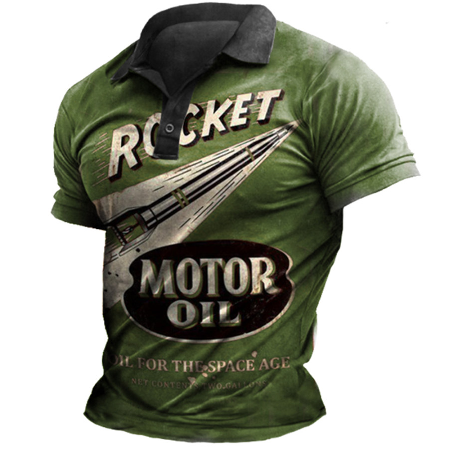 

Men's Vintage Motor Oil Print Polo Neck T-Shirt