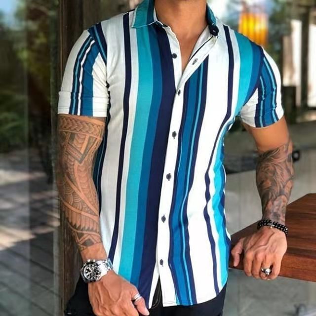 Men's Casual Loose Striped Print Chic Short Sleeve Shirt