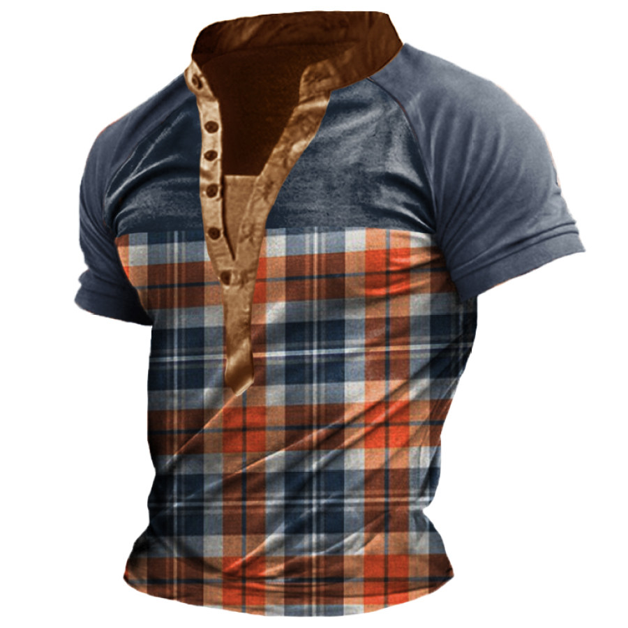 

Men's Vintage Plaid Panel Contrast Henley T-Shirt