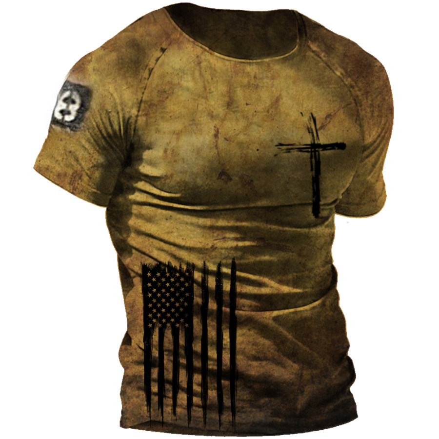 

Men's Vintage American Flag Cross Print T-Shirt
