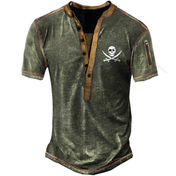 Nautical Skull Men's Vintage Chic Zip Pocket Henley Tactical Short Sleeve T-shirt