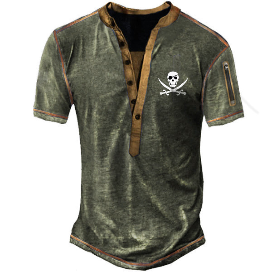 Nautical Skull Men's Vintage Zip Pocket Henley Tactical Short Sleeve T-Shirt
