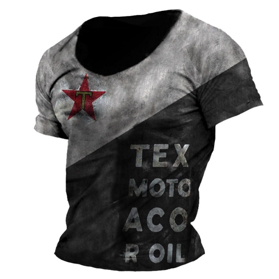 

Men's Vintage Motor Oil Patchwork Print V-Neck Shirt