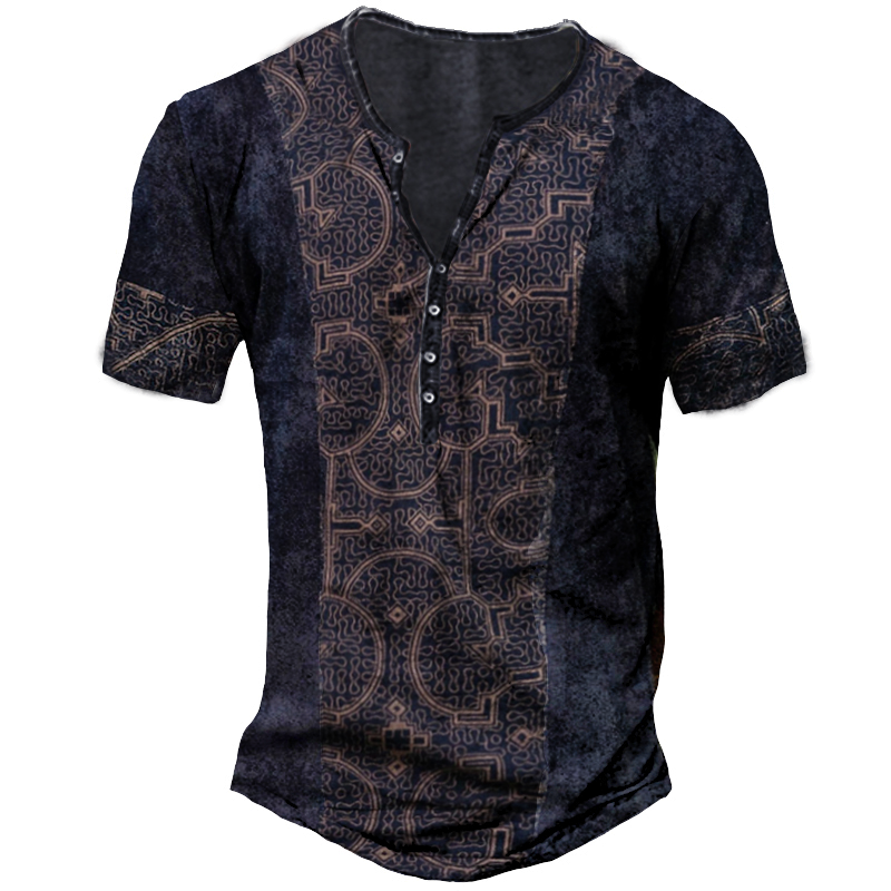 Men's Ethnic Print Vintage Henley Collar T-Shirt