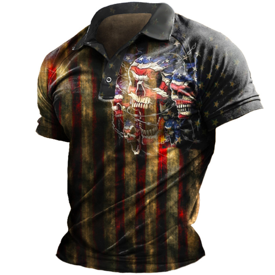 

Men's Vintage American Flag Skull Print Polo Tee