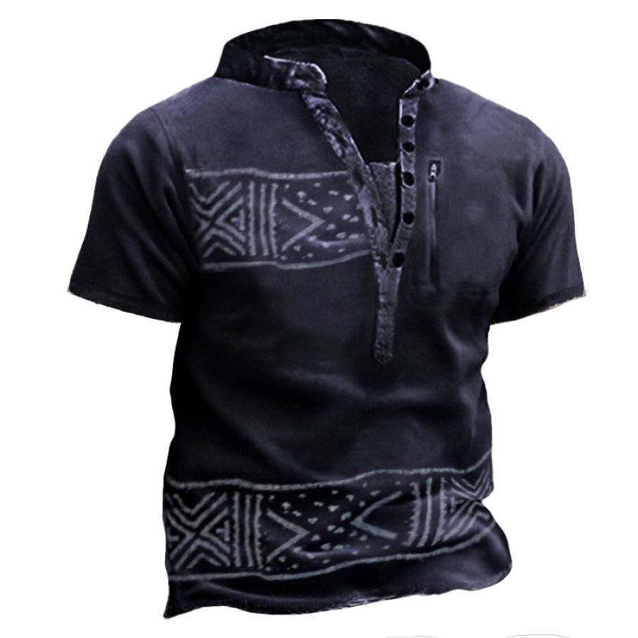

Men's Ethnic Print Zip-Up Vintage Henley Collar T-Shirt