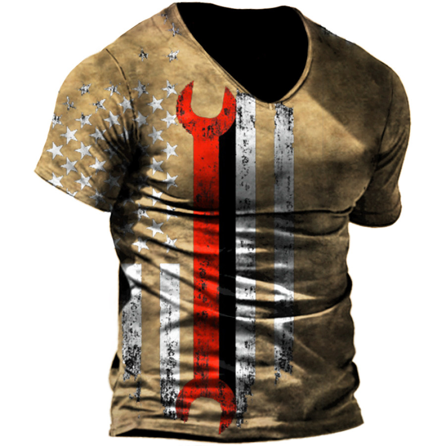 

Twisted Wrench American Flag Mechanic Print Men's Vintage V NeckT-Shirt