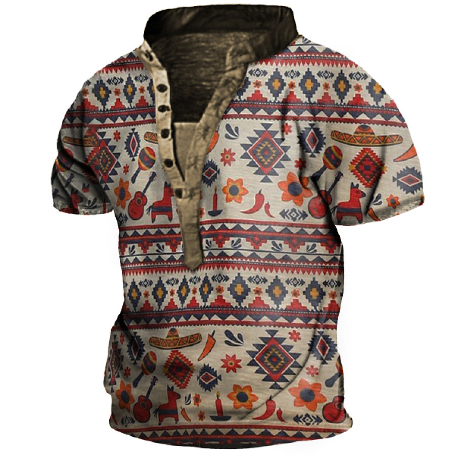 

Retro Guitar Design Geometric Ethnic Print Men's Outdoor Henley T-Shirt