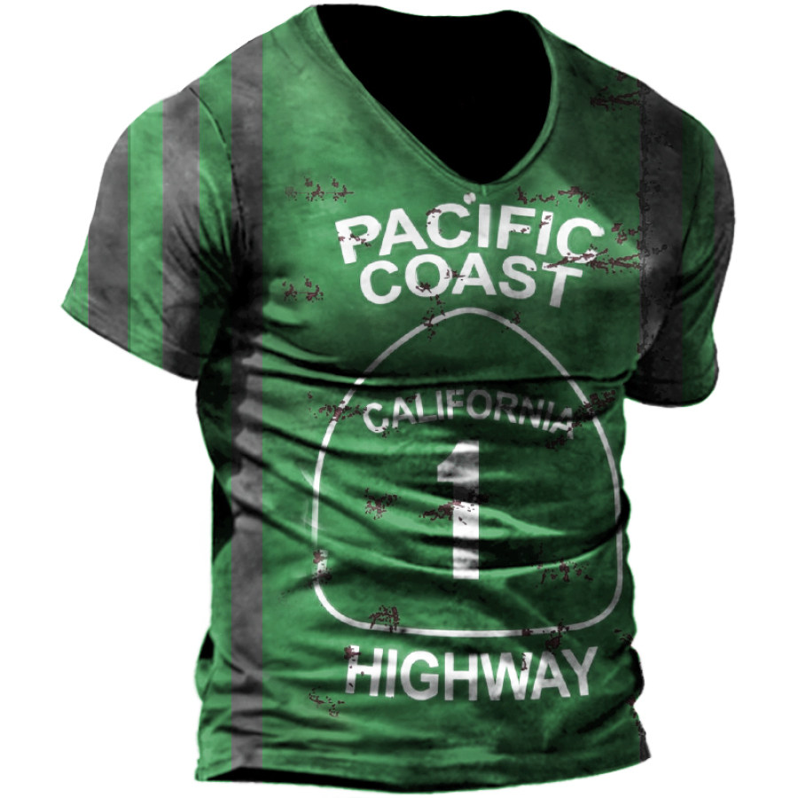 

Pacific Coast Highway Tin Sign Print Men's Casual V-Neck Short Sleeve T-Shirt