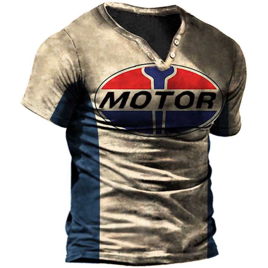 

Retro Motorcycle Colorblock Print Men's Outdoor Henley T-Shirt
