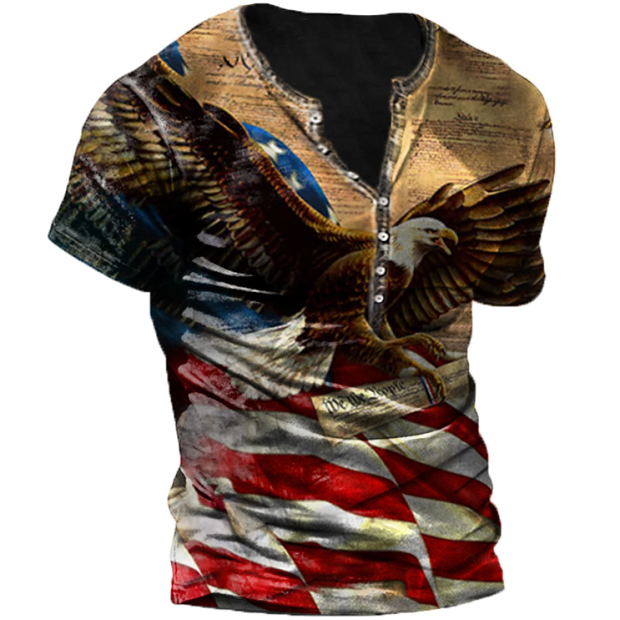

Men's Outdoor Vintage American Flag Eagle Print Henry T-Shirt