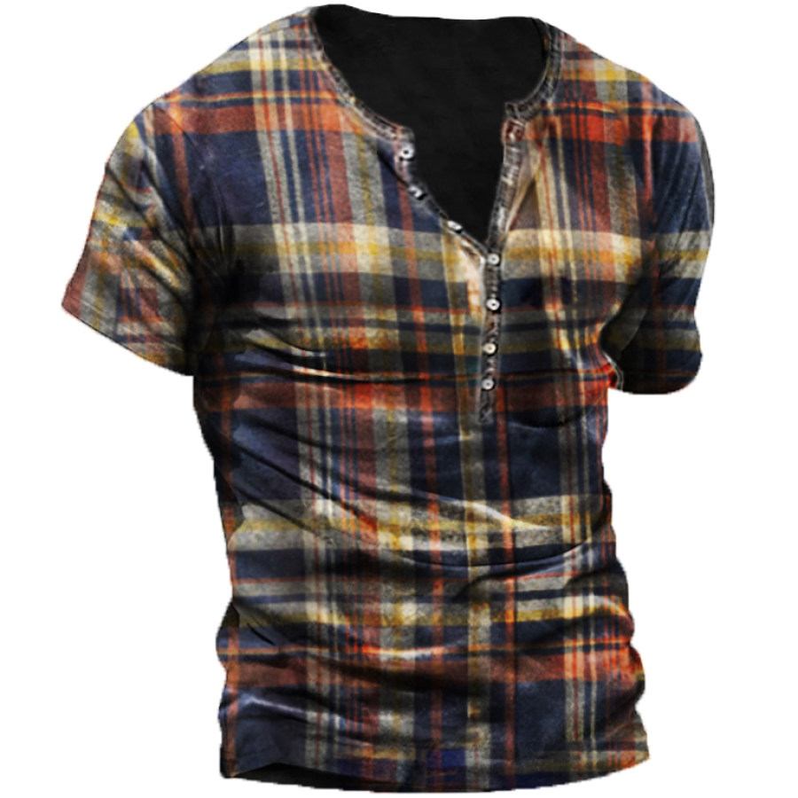 

Men's Vintage England Check Print Henley T-Shirt