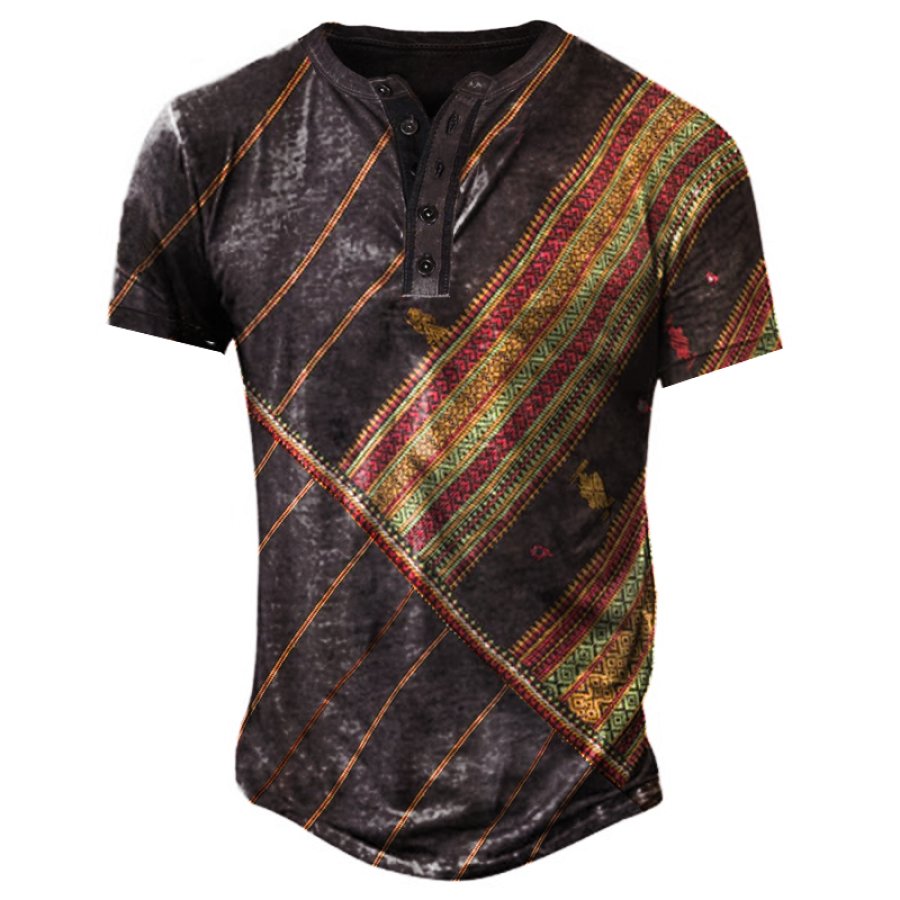 

Men's Vintage Ethnic Totem Henley Collar T-Shirt