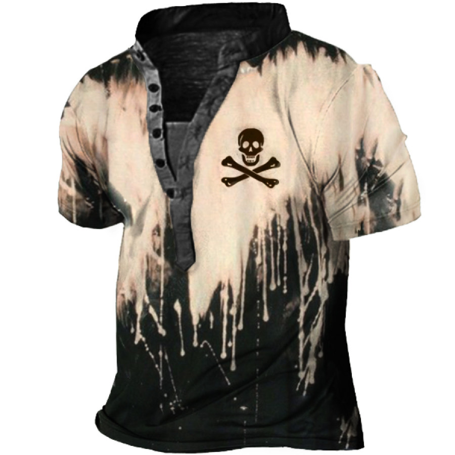 

Men's Skull Vintage Paint Effect Print Henley T-Shirt