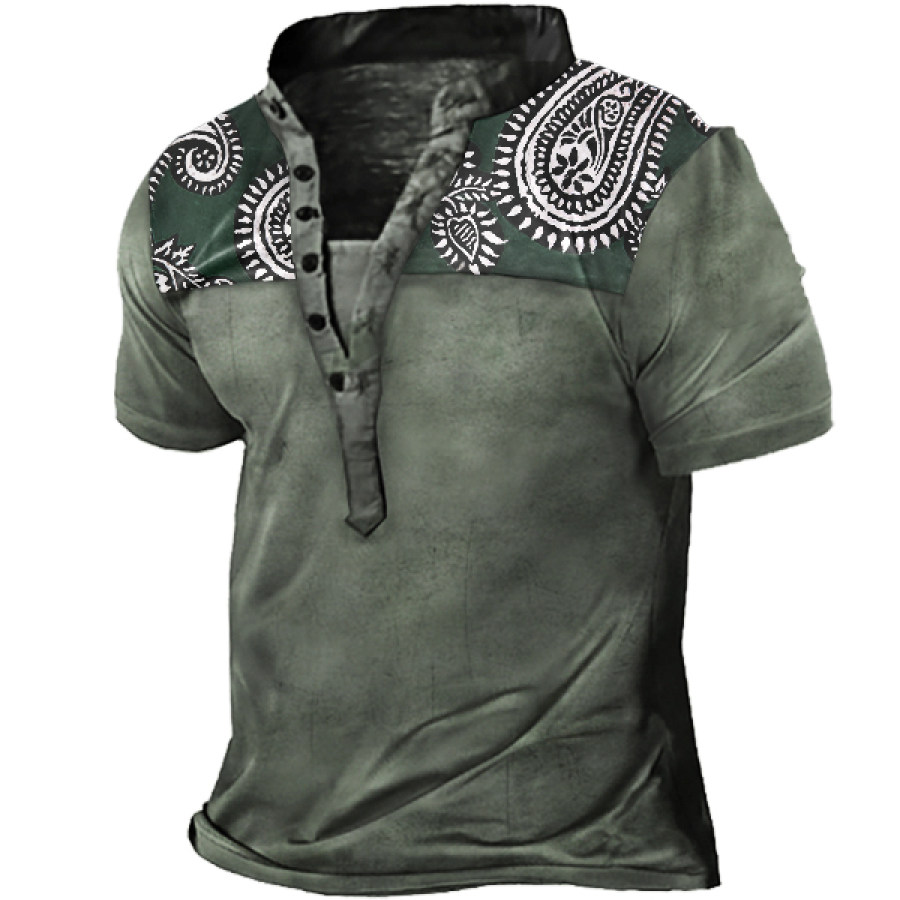 

Men's Vintage Paisley Print Henley T-Shirt