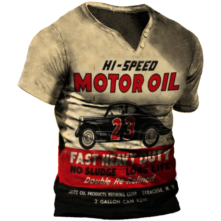 

Men's Vintage Motor Oil Print V-Neck T-Shirt