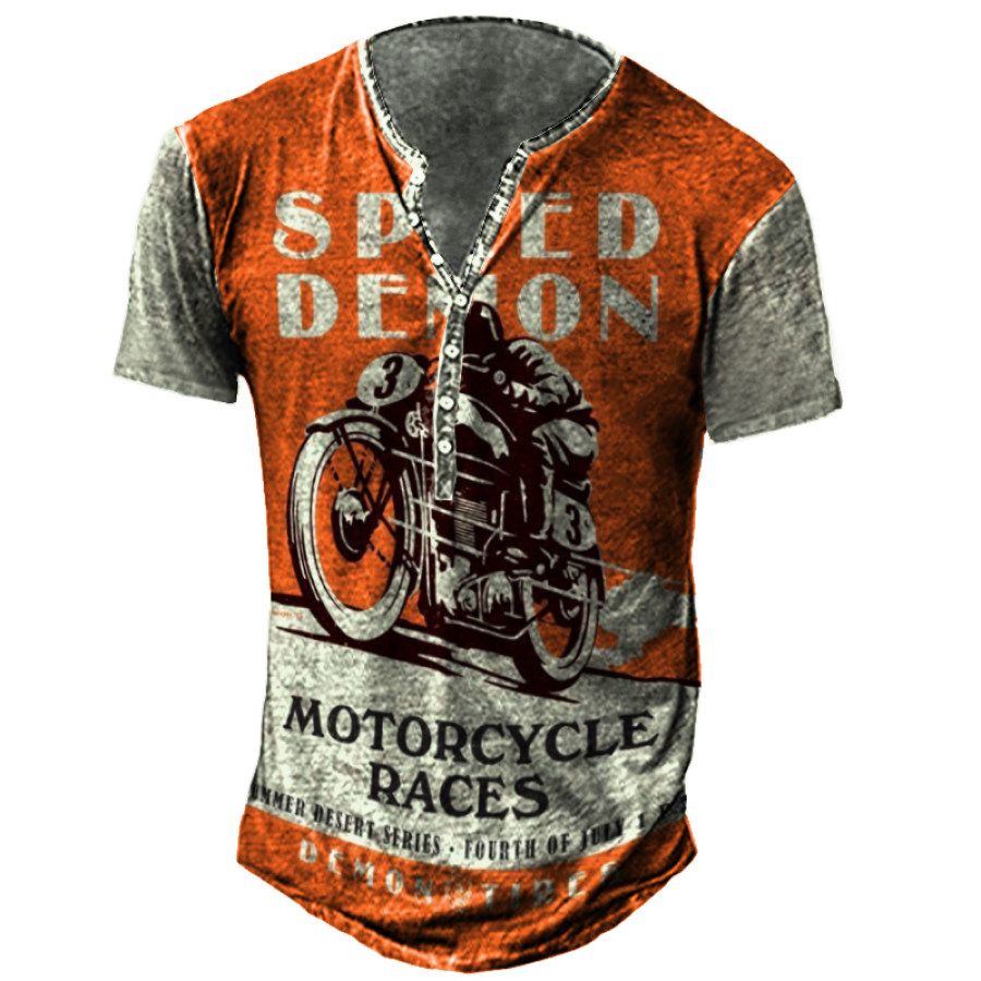 

Men's Vintage Motorcycle Race Poster Print Henley Collar T-Shirt