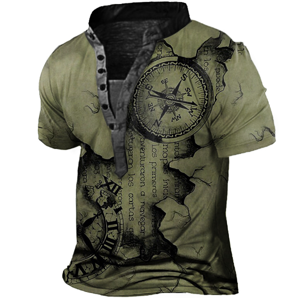 Men's Outdoor Compass Clock Chic Letter Print Henley T-shirt