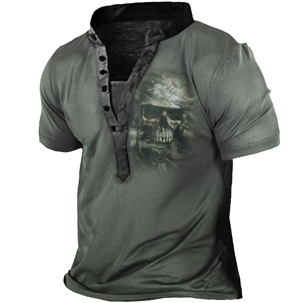 Camouflage Skull Print Henley Chic Tactical Short Sleeve T-shirt