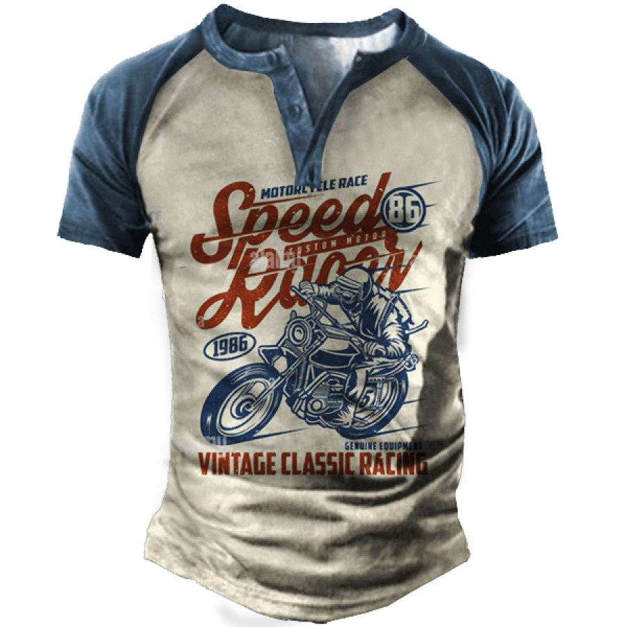 

Vintage Motorcycle Print Men's Henley Short Sleeve T-Shirt