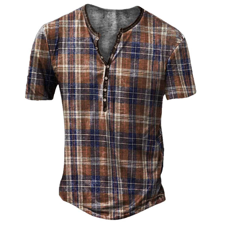

Men's Vintage Plaid Print Henley Collar T-Shirt