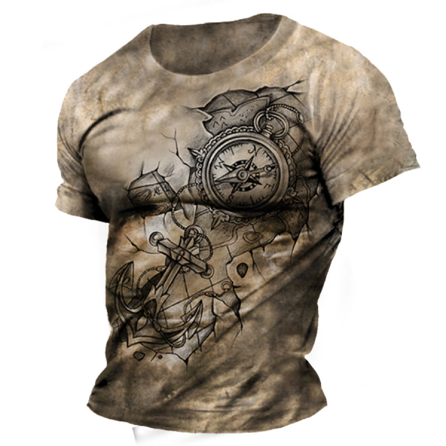 

Men's Outdoor Vintage Compass Anchor Print V-Neck T-Shirt