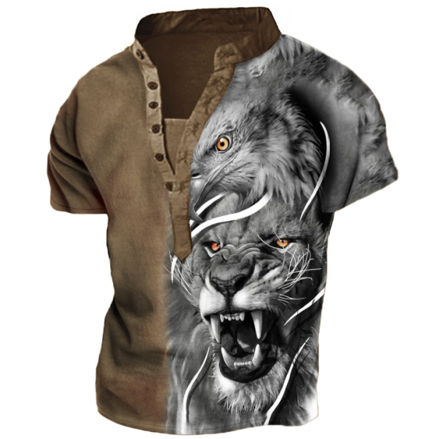 

Men's Vintage Lion Eagle Print Henley T-Shirt