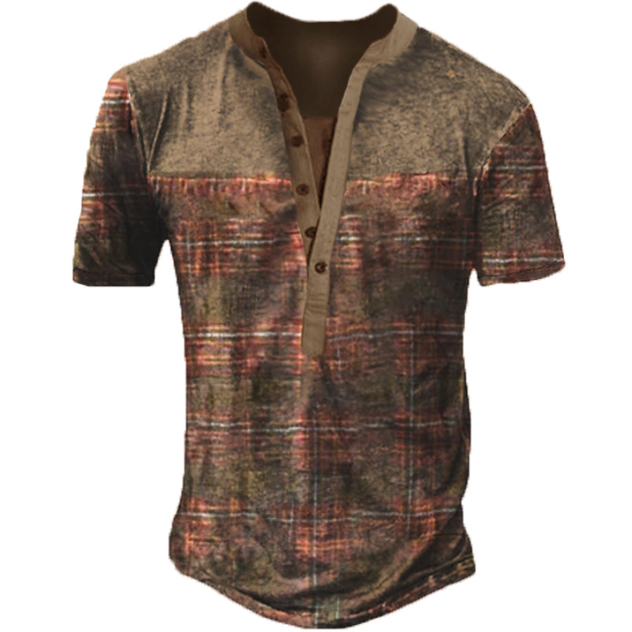 

Men's Vintage Patchwork Check Print Henley T-Shirt