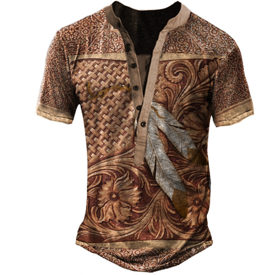 

Men's Feather Aztec Henley Short Sleeve T-Shirt