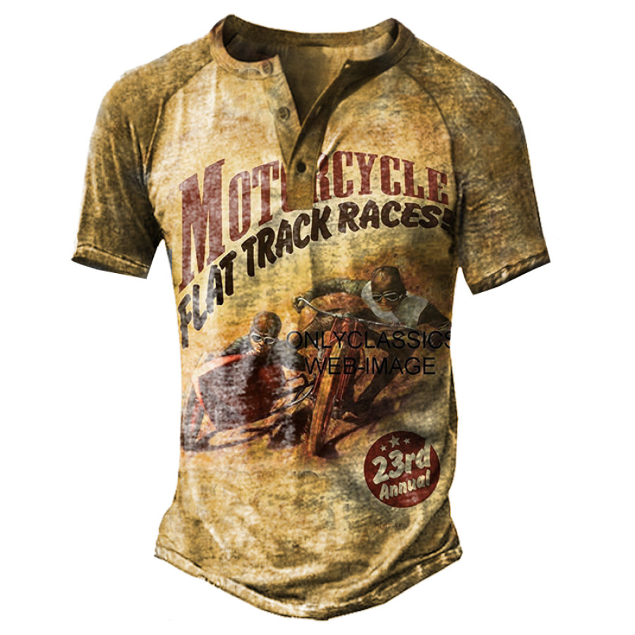 

Men's Vintage Motorcycle Race Print Henley Collar T-Shirt