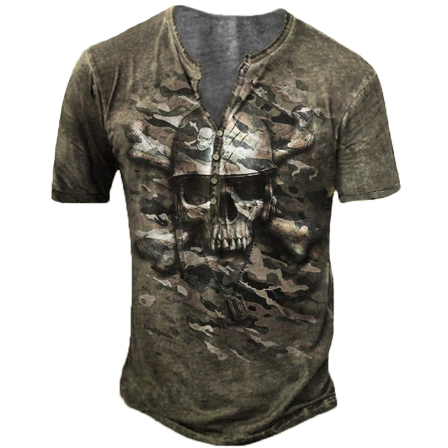 

Men's Outdoor Vintage Camo Skull Print Henley Shirt