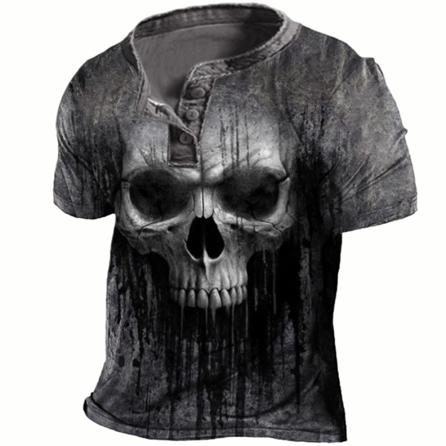 

Men's Vintage Outdoor Skull Print Henley Shirt