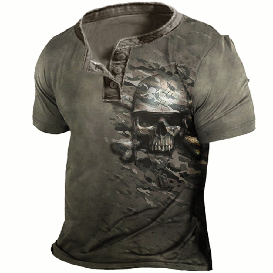 

Men's Vintage Outdoor Camo Skull Print Henley Shirt