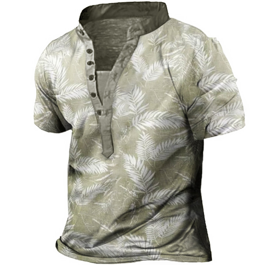 

Mens Hawaiian Aloha Plain Cotton Linen Palm Leaf Loose Short Sleeve T-shirt