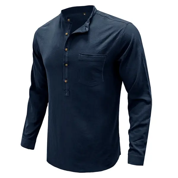 Men's Vintage Breathable Cotton Linen Henley Collar Shirt - Kalesafe.com 