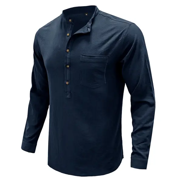 Men's Vintage Breathable Cotton Linen Henley Collar Shirt - Honeylop.chimpone.com 