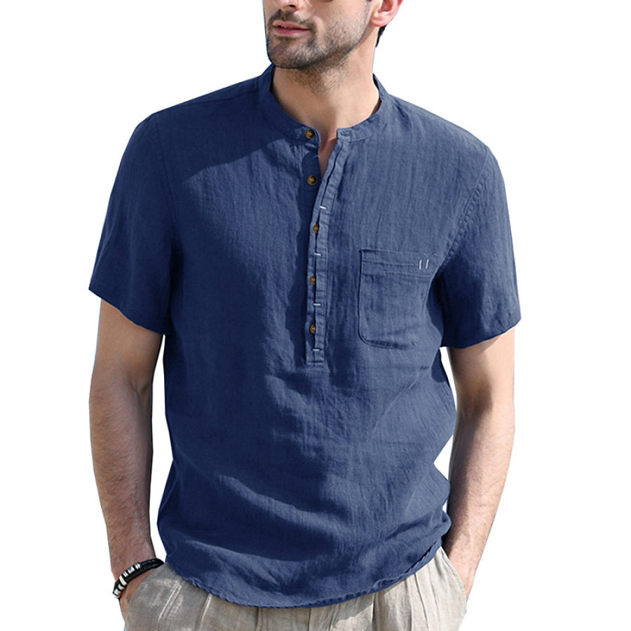 Men's Breathable Cotton Linen Henley Collar Pocket Short Sleeve