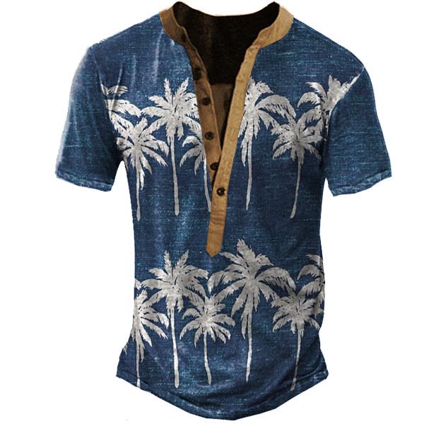 Men's Hawaiian Coconut Tree Print Chic Henley T-shirt